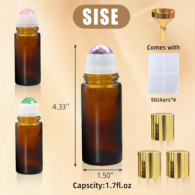 3 Pack Rose Quartz & Amethyst & Green Aventurine Roller Bottles for Oils, 50ml Refillable Amber Glass Roll On Bottles with Natural Crystal Roller, Leak-Proof Travel Perfume Bottle with Gold Caps