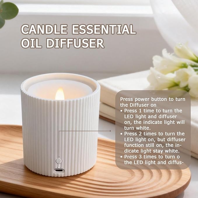 USB Line to Use 2 in 1 Waterless Essential Oil Diffuser and 3D Wick and Realistic Flame Candle,Flameless Candle Diffuser,LED Candle Waterless Diffuser 12PCS Cotton Pads(Non-Rechargeable)﻿