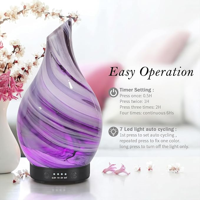 Aromatherapy Essential Oil Diffuser for Home- Art Glass Diffuser for Essential Oils with Waterless Auto Shut-Off 4 Timer 7 Colors LED Night Light for Home Office Decor Gifts for Women