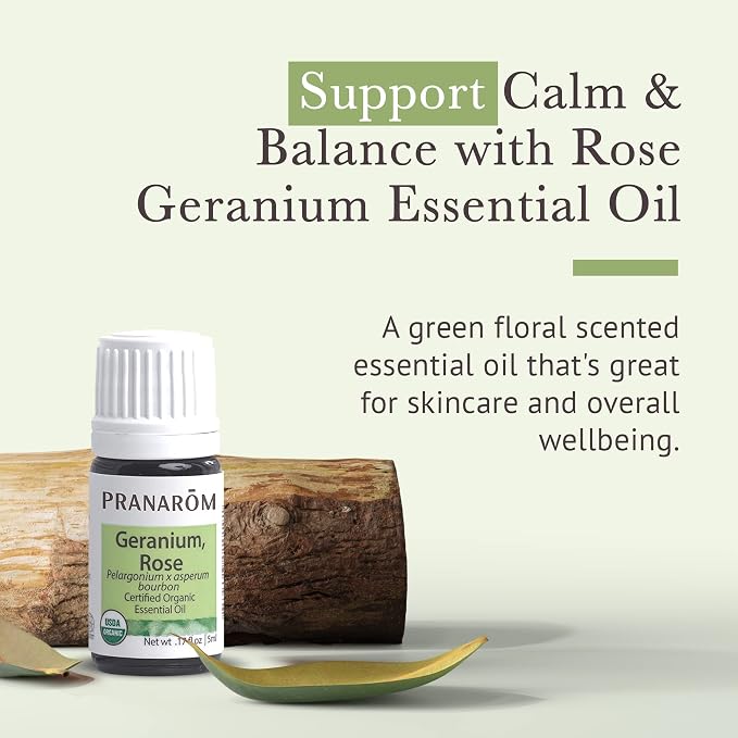 Pranarom USDA Certified Organic Rose Geranium Essential Oil (2 Pack of 5ml), 100% Pure Undiluted Therapeutic Grade from Madagascar for Aromatherapy, Diffuser, Skincare, Relaxation, Pure Rose Scent