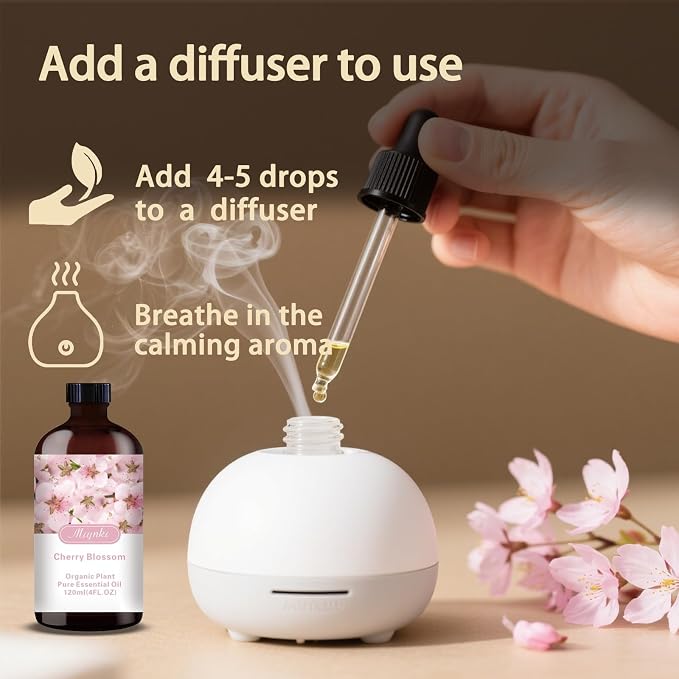 Cherry Blossom Essential Oil, Cherry Blossom Oil for Diffuser, Humidifier, DIY Candle, Soap, Floral Scent, Home, Gift Ready,Cherry Blossom Fragrance Oil - MLYNKL Essential Oils (4.33 fl oz / 130ml)