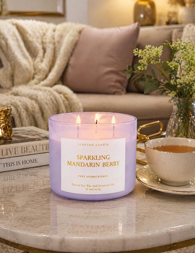 Sparkling Mandarin Berry 3-Wick Soy Summer Scented Candle for Home, 15.8oz | Grapefruit, Peach, Raspberry & Strawberry Notes, Fresh Citrus, Clean Burn, Bright Uplifting Scent, Gift for Women & Men