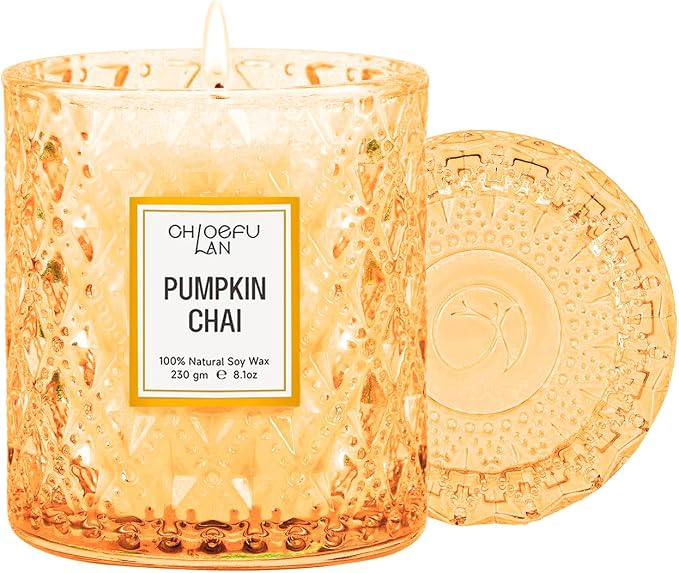 Pumpkin Chai Candles Halloween Candle Gift, Farmhouse Candles for Home, Luxury Scented Soy Jar Fall Candle with up to 55 Hour Long Lasting, Home Decor, Barn Fall Decor Pottery, 8.1oz