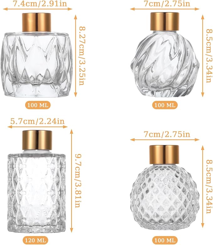 4 Piece Reed Diffuser Set, 3.5-4.2oz Empty Bottles and 20 Reed Sticks, Unique Design for Home and Office