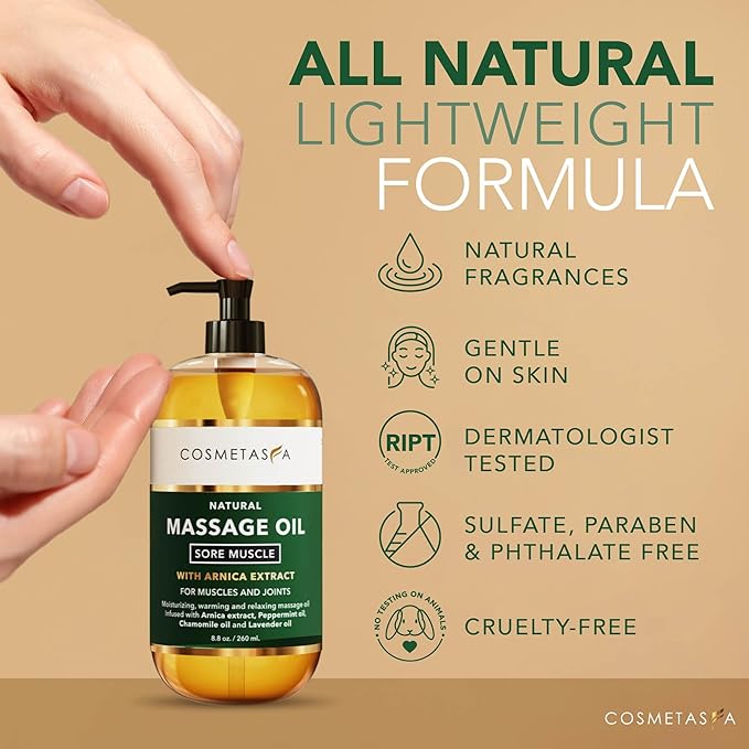 Cosmetasa Massage Oil for Sore Muscle Massage Therapy with Roller - All Natural, Cruelty-Free Massage Oils for Muscle Relaxing & Joint Comfort - Arnica Extract with Lavender & Chamomile Oil (8.8 oz)