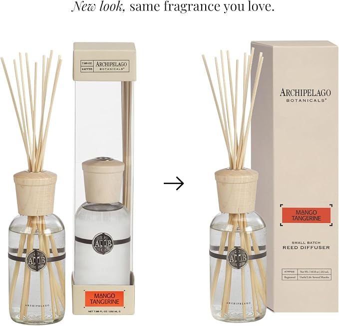 Archipelago Botanicals Mango Tangerine Reed Diffuser, Home Fragrance Reed Diffuser, Includes Fragrance Oil, Decorative Wooden Cap & 10 Diffuser Reeds, Perfect for Home, Office or Gift, 7.85 fl oz