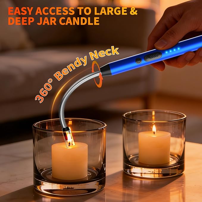 2 Pack Rechargeable Type C Electric Lighters, Blue | Flameless and Windproof, Plasma Arc, 360° Long Reach Flexible Neck, LED Power Display, For Candles, BBQ Grill & Camping