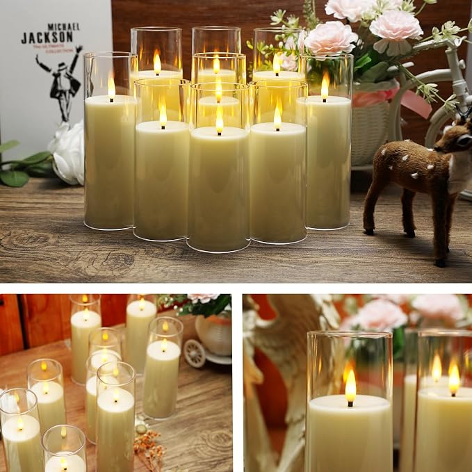 kakoya Flickering Flameless Candles Battery Operated with Remote and 2/4/6/8 H Timer Plexiglass Led Pillar Candles Pack of 9(D 2.3"xH 5.5"6.5"7.5")with Realistic 3D Wick Candles for Home Decor(Ivory)