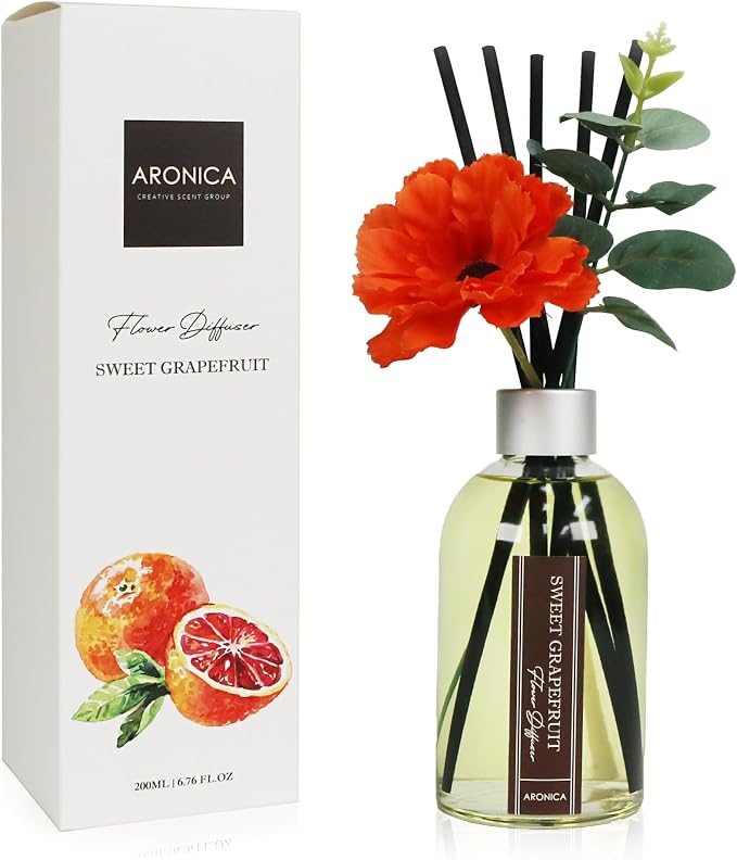 Aronica Grapefruit Reed Diffuser, Room Scent Diffuser with Red Flower, Difusor De Varillas, Aesthetic Room Decor, Apartment House Bathroom Essentials, Air Fresheners for Home Long Lasting