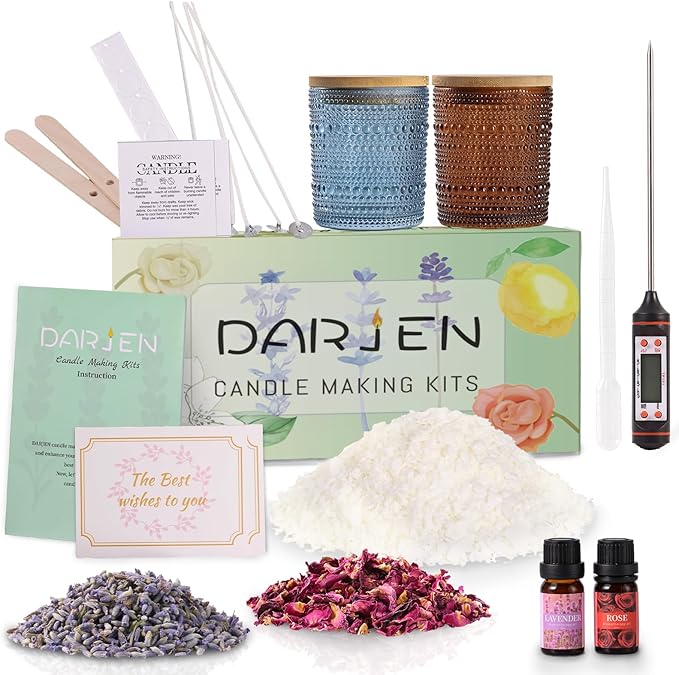 DARJEN Candle Making Kits for Beginners, DIY Starter Scented Candles Making Kit - 2 Glass Jars(Blue, Amber), Soy Wax, Scented, Card & More, Full Soy Candle Making Supplies Set Perfect Gifts