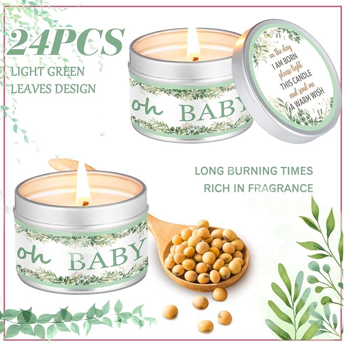 MTLEE 24 Pcs Eucalyptus Baby Shower Party Favors Candles Lavender Scented Baby Shower Favors for Guests Rustic Tealights Candles Gender Reveal Return Gifts (1.2 Oz, Sage Green)