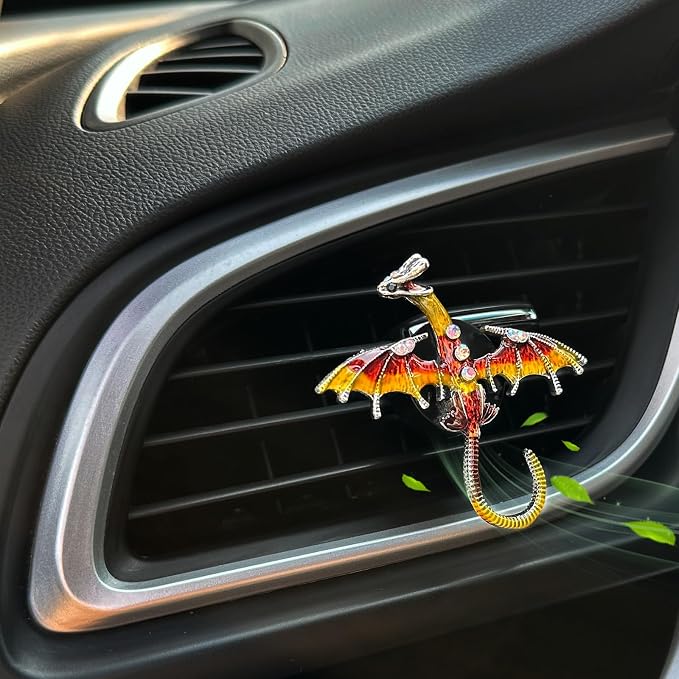 ORIESSE Dargon Car Accessories,Fire Dragon Air Vent Clips Car Air Freshener,2pcs Bling Red Yellow Enamel Wyvern Dashboard Decorations,Refillable Outlet Diffuser