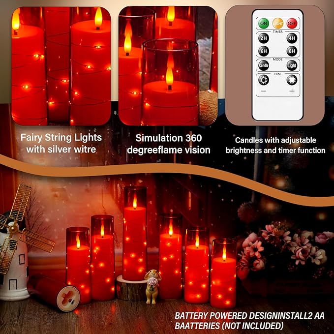kakoya Flameless LED Candles with Timer 24 Pc Flickering Flameless Candles for Romantic Ambiance and Home Decoration Stable Acrylic Shell,with Embedded Star String，Battery Operated Candles（Red）