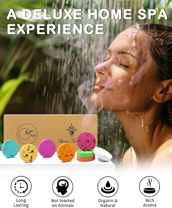 Shower Steamers Aromatherapy - 8 Pack Organic Shower Bombs with Shower Steamer Tray/Holder, Self Care Natural Essential Oil, Stress Relief Shower Bombs, Fathers Spa Gifts for Men, Dad, Husband