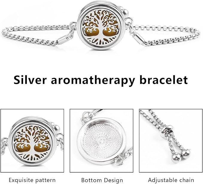 Essential Oil Diffuser Bracelet Aromatherapy Locket Adjustable Stainless Steel Tree of Life Bracelet with 10 Pcs Refill Pads for Women Girls