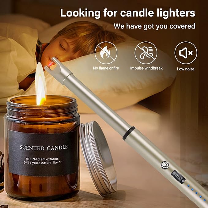 Electric Candle Lighter Windproof USB Rechargeable Flameless Long Neck Lighter for Candles Gas Stove Fireplace BBQ Kitchen Grills (Champagne Gold)