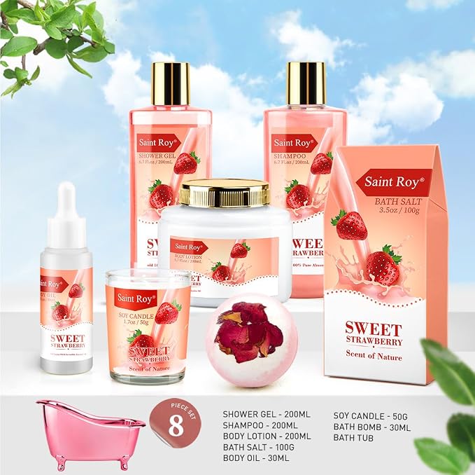 Spa Gift Basket, Spa Kit for Women, Bath & Body Gift Set, Home Spa Bath Gift Basket, Strawberry Scented Bath Set Christmas Gifts, Pamper Kit for Girls & Teens, Birthday Gift, Bath Self Care Gift