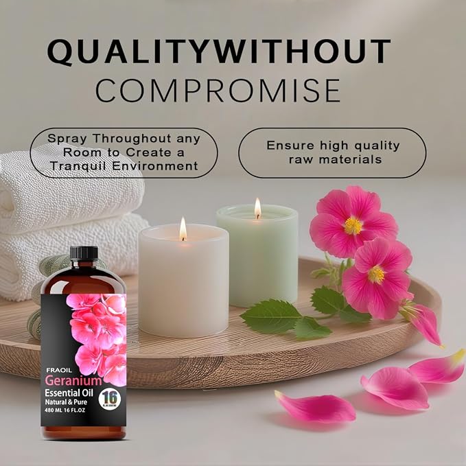 Geranium Essential Oil, Geranium Oil 16 Fl Oz 480 ML for Diffuser Humidifier Yoga Cleaning DIY Candle Soap Making Perfume Gift for Women Essential Oils FRAOIL (Geranium 16 Fl Oz (Pack of 1))