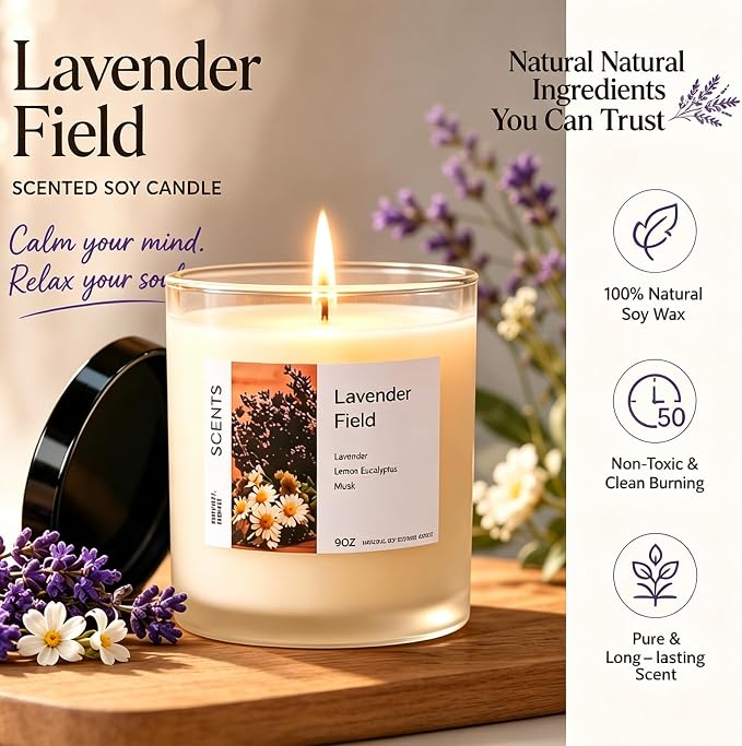 Lavender Scented Candle for Sleep & Relaxation, Natural Soy Wax Candle with Cotton Wick, 50 Hour Soy Candle Clean Burn Aromatherapy Candle for Home, Yoga, Spa & Gifts Meditation & Stress Relief