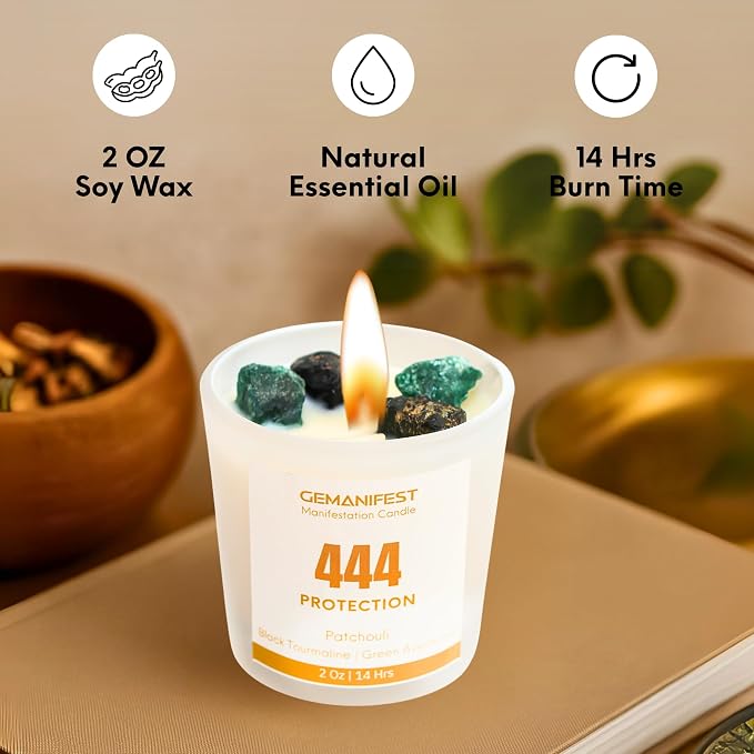 Angel Number 444 Manifestation Candle Crystal Infused Soy Wax with Black Tourmaline and Green Aventurine Patchouli Scented Spiritual Gift for Protection and Energy Alignment