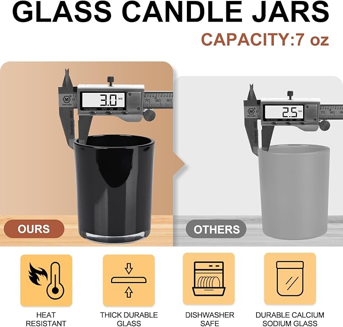 SHOWIN Thick Candle Jars for Making Candles 16 Pcs, 7 OZ Empty Jars with Wood Lids for Candle Making, Sample Container, Inner Black