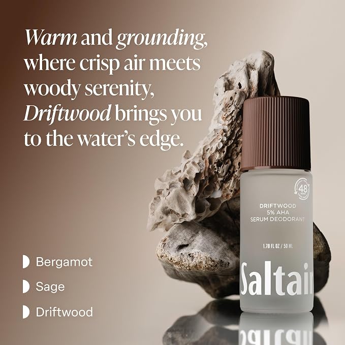 Saltair Serum Deodorant 2 Pack – 5% AHA – Aluminum-Free Odor Control for Women & Men – Mandelic Acid Deodorant with Lactic Acid – Driftwood Scent – 2x 1.7oz Travel Roll On