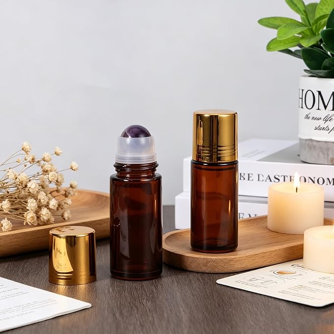 2 Pack 1.7oz Large Amber Glass Roll on Bottles for Essential Oils, Refillable Roller Ball Applicator with Purple Crystal Rollerball, Perfume Deodorant Containers, Leak-Proof for Aromatherapy&Skincare