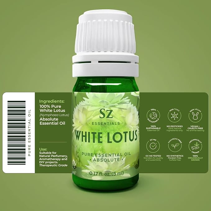 White Lotus Essential Oil 100% Pure, Undiluted Oil - Extracted from Nymphaea Lotus - Delicate & Floral Scent with Musky Overtones - Therapeutic Grade & Vegan - 0.17oz (5ml)