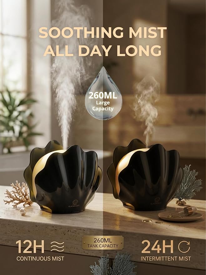 Essential Oil Diffuser 260ML, Shell Aroma Diffuser with Remote Control Humidifier with 7 Colors LED Night Light for Bedroom Home Relaxation (Black)