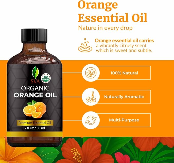 SVA Orange Essential Oil Organic – 2 Fl Oz – 100% Natural Organic Orange Oil - for Diffuser, Hair, Face, Skin Care, Aromatherapy, Scalp and Body Massage, Soap and Candle Making - with Dropper