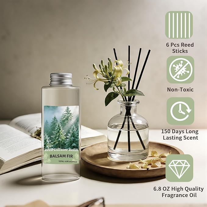 STRN Reed Diffuser Oil Refill, Balsam Fir Scented Diffuser Oil Refills with 6 Reed Sticks 200ML(6.8fl.oz), Room Fresheners for Home, Long-Lasting Summer Fragrance for Living Room, Bedroom, Office