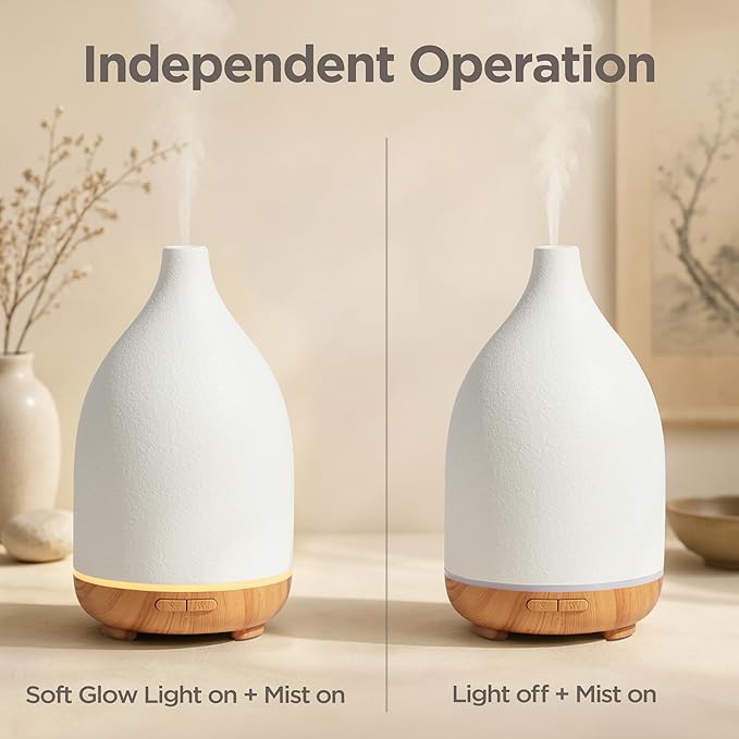 InnoGear Oil Diffuser, 150ML Ceramic Diffuser for Essential Oils Handcrafted Aromatherapy Diffuser Mother's Gift Ultrasonic Cool Mist Humidifier with 2 Mist Modes Waterless Auto Off for Home, White