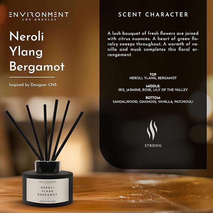 Environment Inspired by Designer Perfume CN5 Reed Diffuser, 200ml Luxury Scented Aromatherapy (Neroli | Ylang | Bergamot) Reed Diffusers for Home, Diffusing Oil Fragrance, Home Fragrance Products