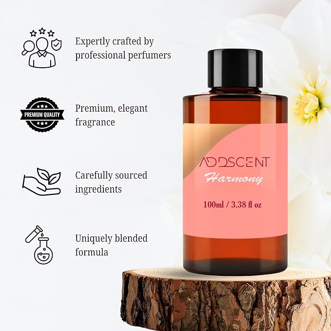 Harmony Fragrance Oil 100ml for Diffuser, Soothing Floral and Citrus Aroma for Bedroom Living Office Spa, Layered Notes of Orange Flower, Jasmine, Rose & Patchouli for Warm Peaceful Ambiance