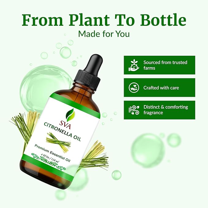SVA Citronella Essential Oil 4 Fl Oz – for Aromatherapy, Diffuser, Skin & Hair Care – Ideal for Massage & DIY Blends - with Dropper