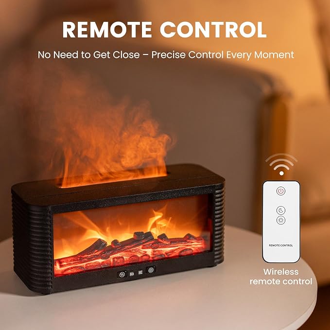 Flame Essential Oil Diffuser, 250ml Aromatherapy Humidifier with 9-Color Fireplace Light, Ultra-Quiet Cool Mist Maker, Remote, Timer, Auto-Off for Home, Office, Bedroom, Gift (Black)