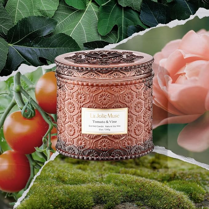 LA JOLIE MUSE Tomato & Vine Candle - Tomato Leaf, Rose, Moss | 12 oz Large 2-Wick Soy Wax Candle | 60 Hours Clean Burn | Fresh Garden Scented Candle | Gift-Ready for Hosts & Gatherings