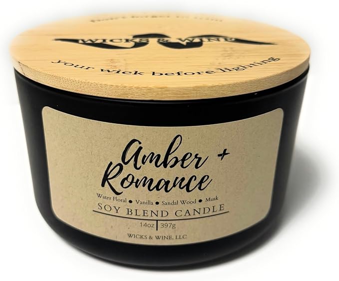 Wicks & Wine Soy Blend 3-Wick Cotton CORE Candle 14oz (Amber Romance)