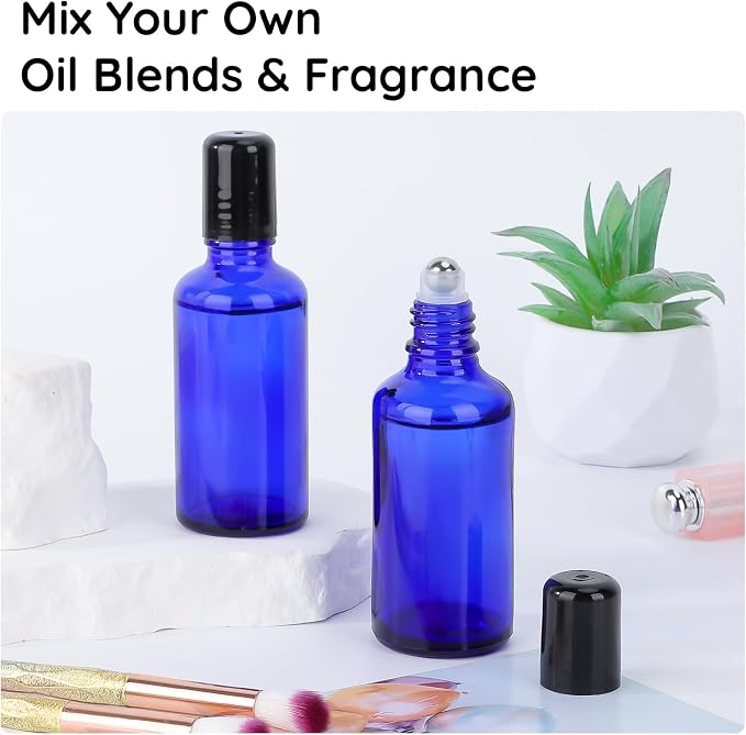 Segbeauty 1.69oz Glass Essential Oil Roller Bottles Refillable, 5Pack of Empty Rollerball Bottles for Oil, 50ml Blue Leakproof Perfume Oils Bottle with Dispensing Tools, Anointing Oils Bottle