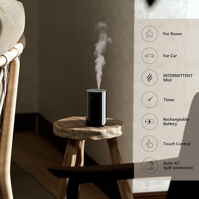 Airversa Waterless Essential Oil Diffuser Starter Kit with 4 x 10mL Fragrance Oil, Battery Operated Mini Scent Air Machine Portable Diffuser for Home Car Office, AN8 Kit2 Black