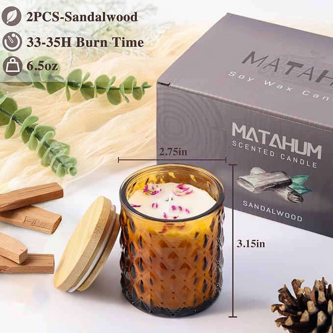 MATAHUM 2 Pack Sandalwood Scented Candles for Home Decor, 6.5oz Natural Soy Wax Aromatherapy Jar Candles, Sandalwood Candles Housewarming Giftable for Men