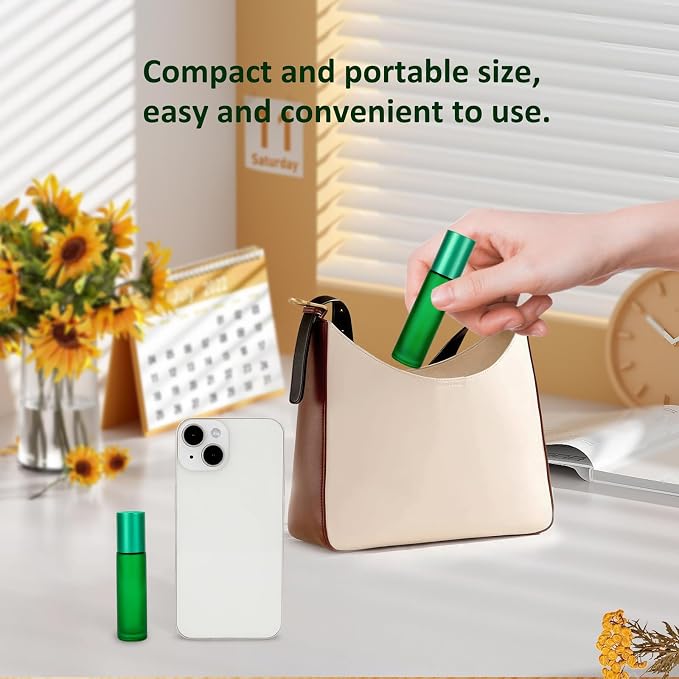 Kesell 10pcs Empty Roll on Glass Bottles, 10ml 1/3 Oz Essential Oil Roller Bottles with Stainless Steel Roller Balls, Refillable Small Perfume Vials for Travel - Green Color