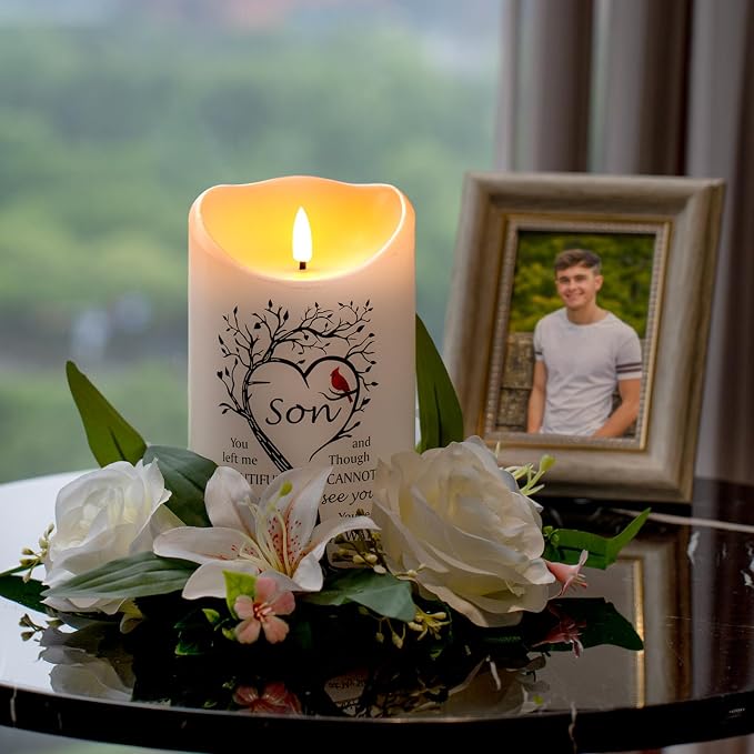 Flameless Memorial Candle for Loss of Son, Real Wax LED Light with Remote Sympathy Bereavement Gifts for Loss of Loved One Memorial Gifts for Loss of Son Remembrance Gifts (4" x 7")