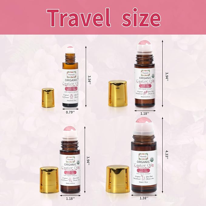 Castor Oil with Rose Quartz Roll On, 4 Pack for Face, Body, Hands & Feet—Real Crystal Roller Set, Organic Cold-Pressed Castor Oil, Hexane-Free, Moisturizing & Relaxing Self-Care Gift Set for Women