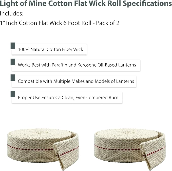 Light of Mine - 1" Inch 6' Foot, 100% Cotton Flat Wick - 2 Pack, for Paraffin Oil, Kerosene Based Lanterns, and Oil Lamps with Genuine Red Stitch (1" - 6' Roll, 2 Pack)
