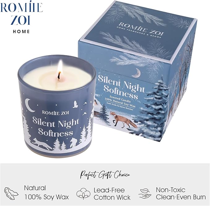 ROMIIE ZOI Christmas Scented Jar Candle - 6oz Soy Wax Candle - Silent Night Softness Infused with Fresh Cut Spruce Branches Aroma - with Beautiful Keepsake Box Special for Christmas/Holiday Gifts