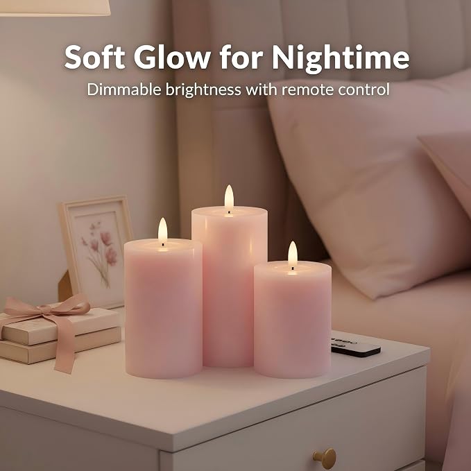 ANGELLOONG Pink Flameless Candles with Remote and Timer, Set of 3 Real Wax LED Pillar Candles Battery Operated Fake Candles for Pink Christmas Decor, Bedroom Bathroom
