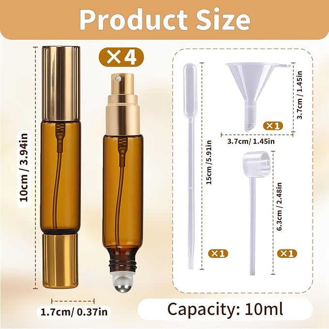 Double Ended Perfume Bottle With Roller Ball &Spray:4 PCS 10ml Amber Refillable Leakproof Travel Atomizer Facial Care with Funnel Tool for Perfume,Cologne,Essential Oils