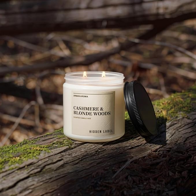 Hidden Label Cashmere Blonde Woods Soy Candle, 12oz 2-Wick, 70H Cozy | Non-Toxic Natural Wax, Paraben & Phthalate-Free, Clean Burn | Gender-Neutral Gift & Elegant Decor | Stress Relief & Grounding