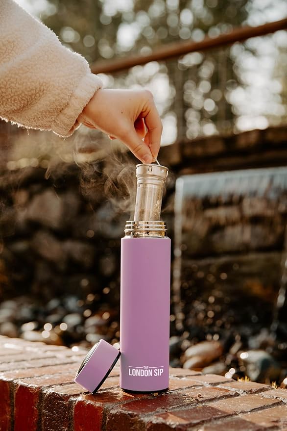 The London Sip Multi-Purpose Travel Mug and Tumbler Fruit Infused Flask Hot and Cold Double Wall Stainless Steel Thermos with Extra-Long Infuser, Gentle Lilac, Pack of 2